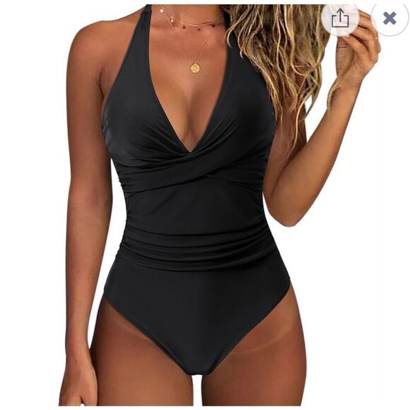 SUUKSESS Women’s Tummy Control One Piece Halter Top Swimsuit. Black. Small. NWOT - Picture 3 of 4